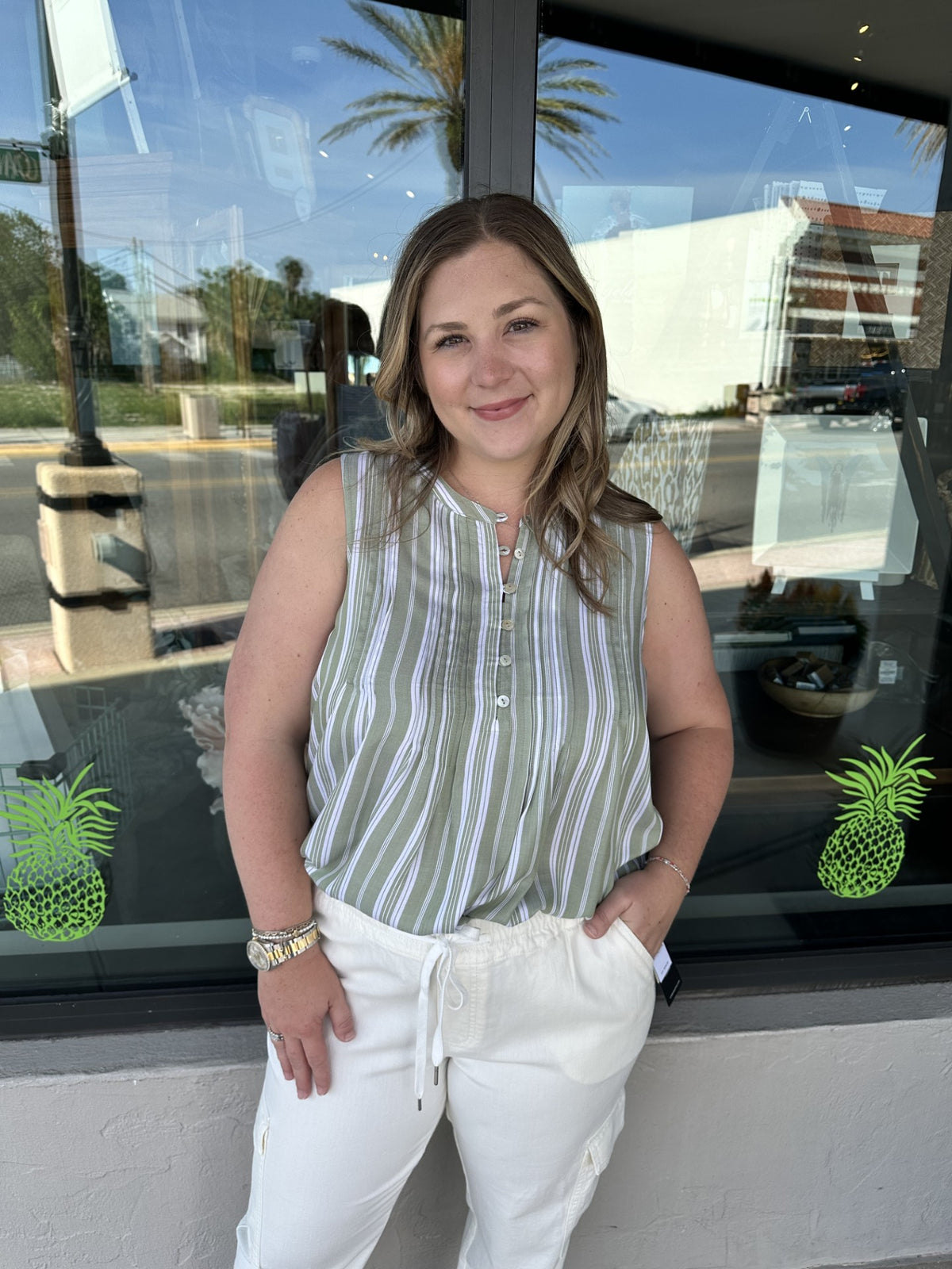 Sleeveless Popover Blouse Green White Stripe