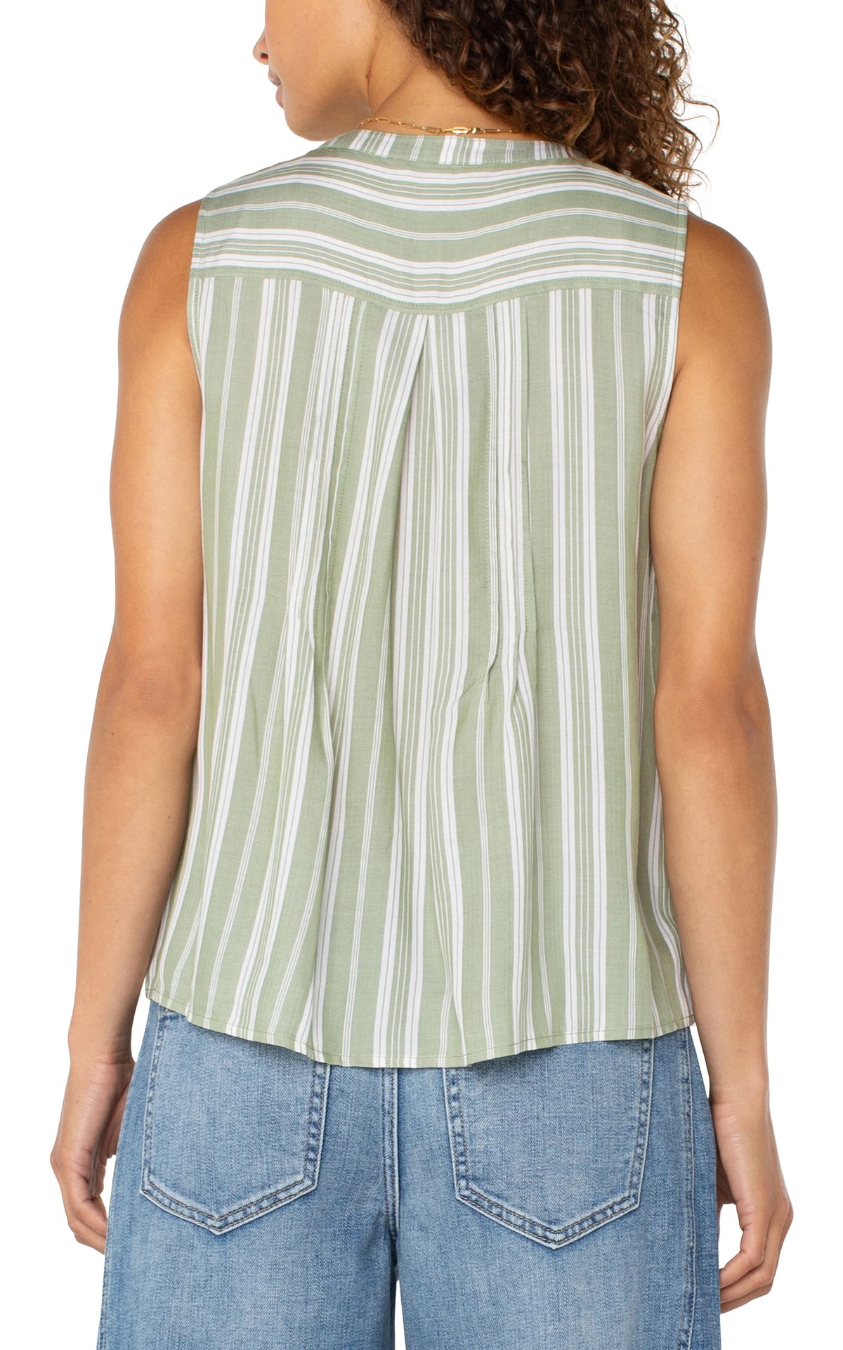 Sleeveless Popover Blouse Green White Stripe