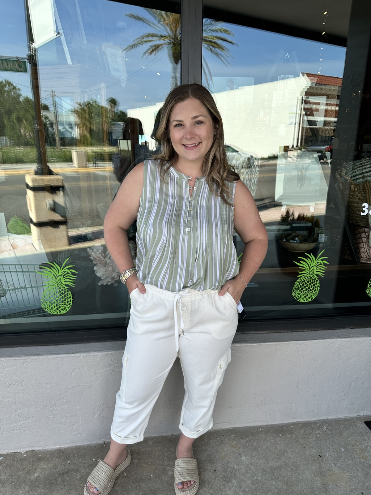 Sleeveless Popover Blouse Green White Stripe