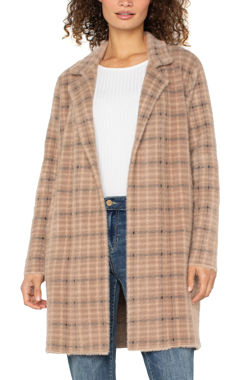 Open Front Coatigan Sweater Camel Cream Plaid