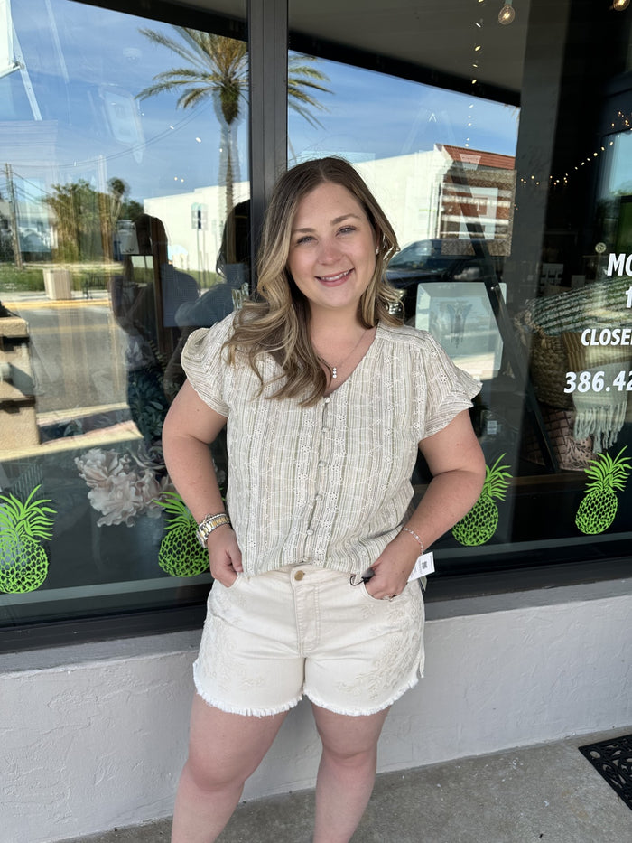 Short Sleeve Button Front Green Tan Stripe
