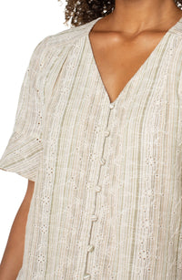 Short Sleeve Button Front Green Tan Stripe