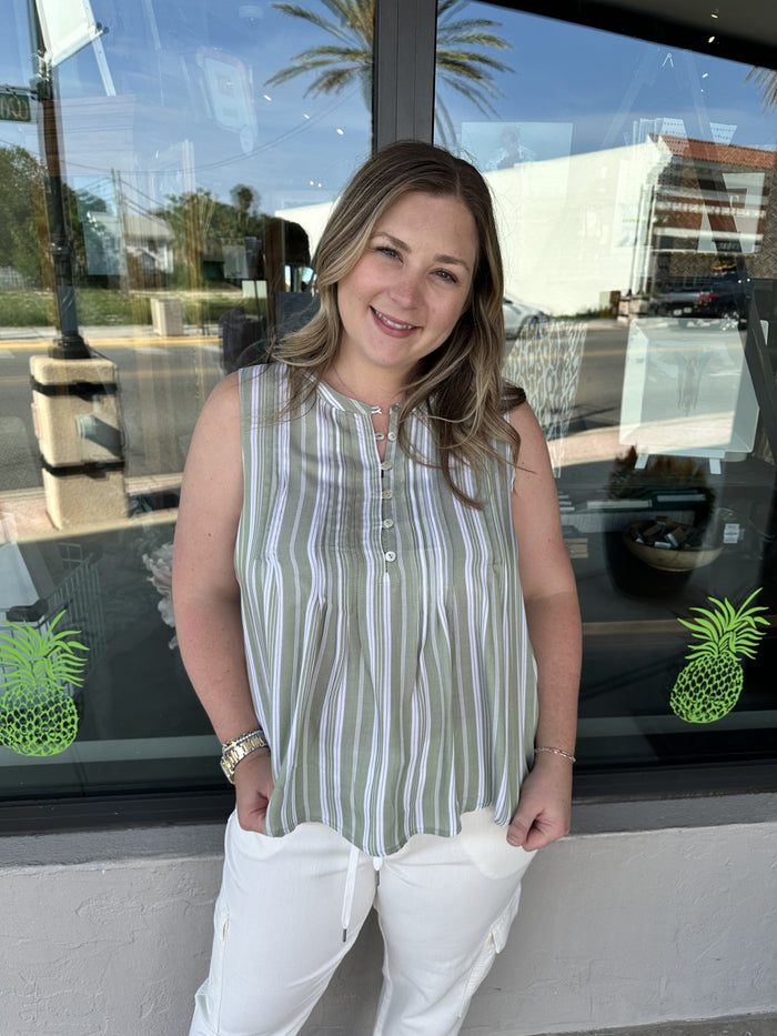 Sleeveless Popover Blouse Green White Stripe
