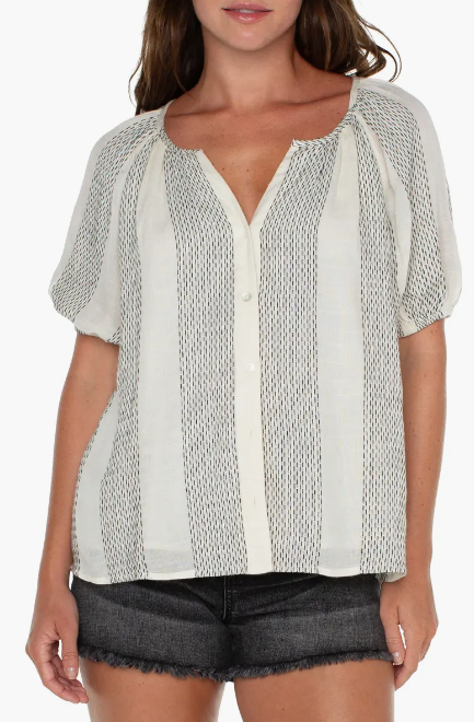 Stripe Puff Sleeve Button - Up Top