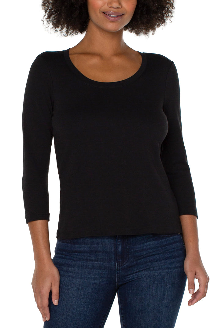 3/4 Sleeve Scoop Neck Knit Tee Black