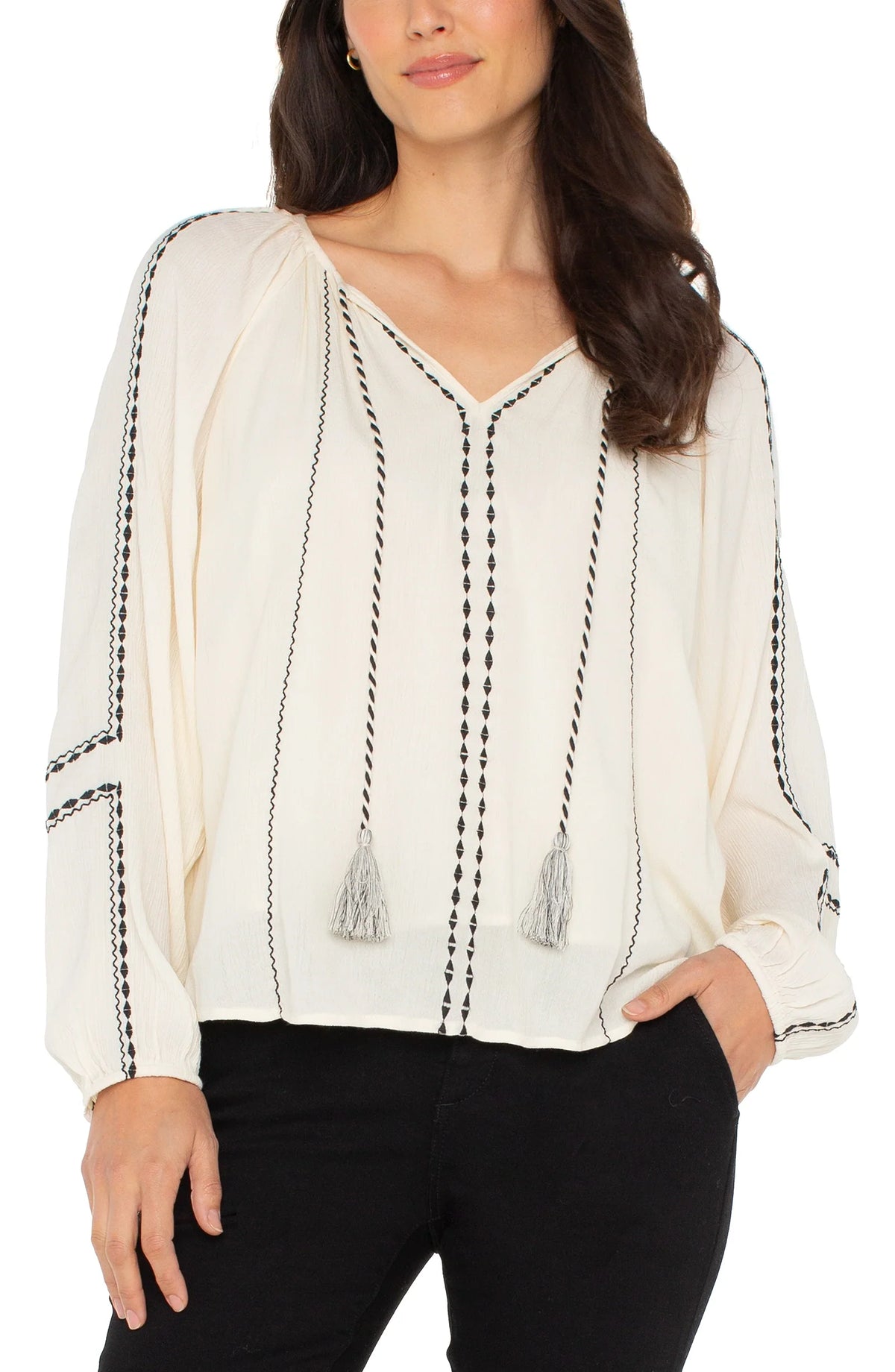 Long Sleeve Woven Raglan Blouse W/ Embroidery