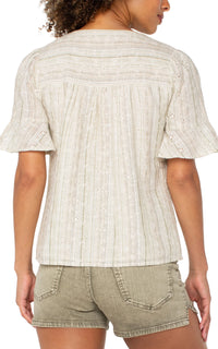 Short Sleeve Button Front Green Tan Stripe