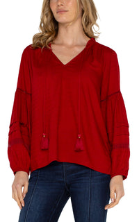 Tie Front Popover Shirred Blouse Carnelian Red