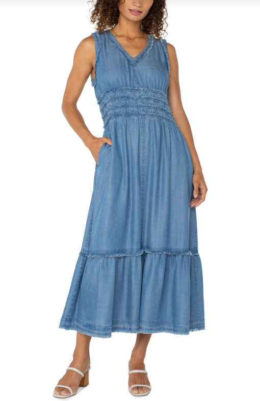 Smocked V Neck Maxi Dress