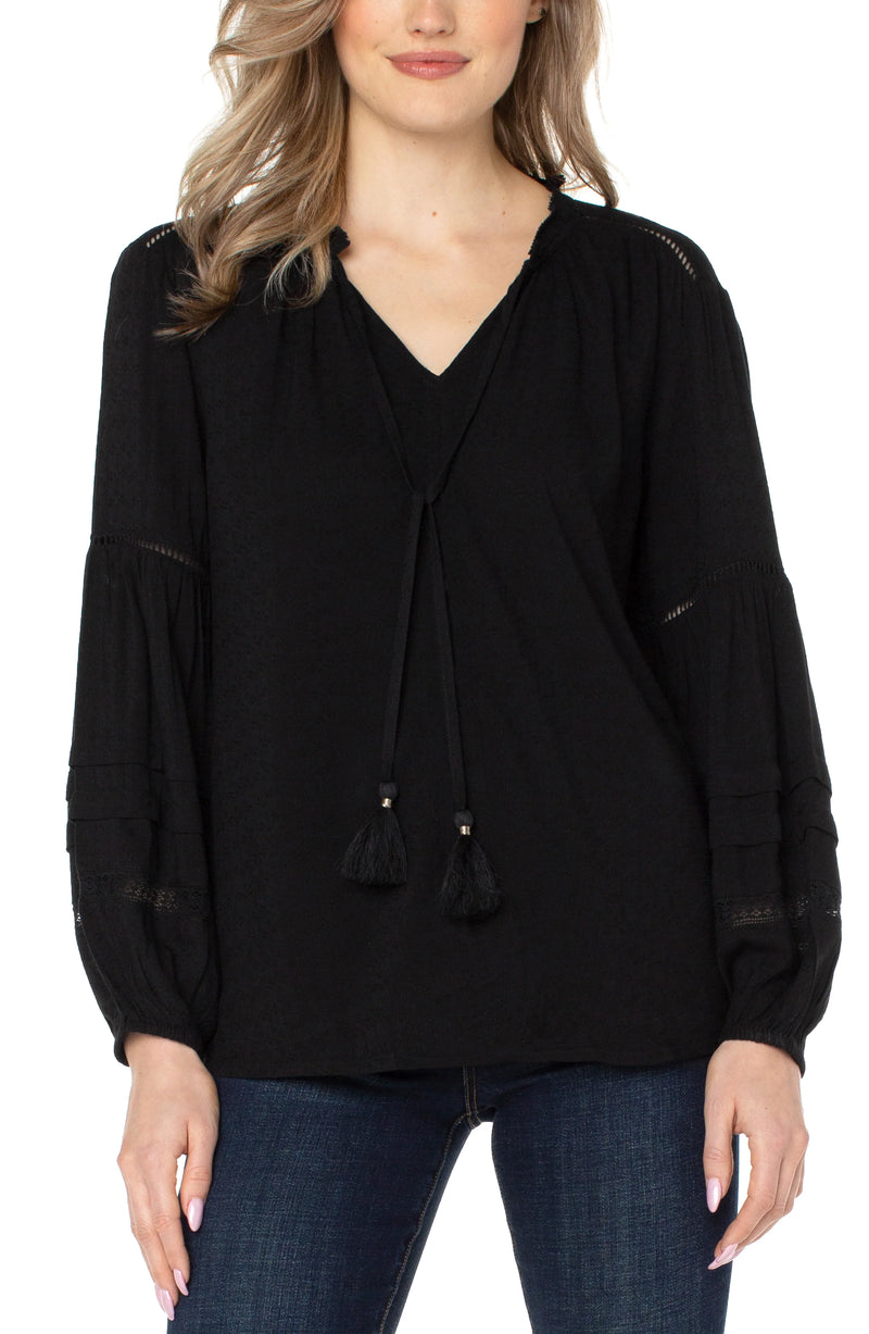 Tie Front Popover Shirred Blouse Black