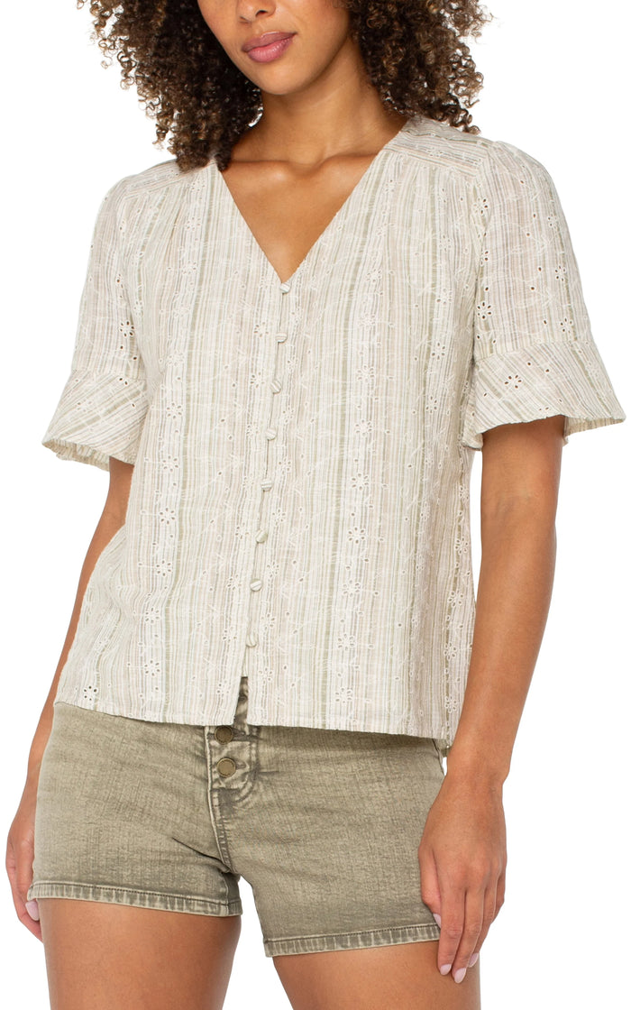 Short Sleeve Button Front Green Tan Stripe