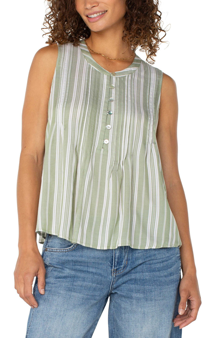 Sleeveless Popover Blouse Green White Stripe