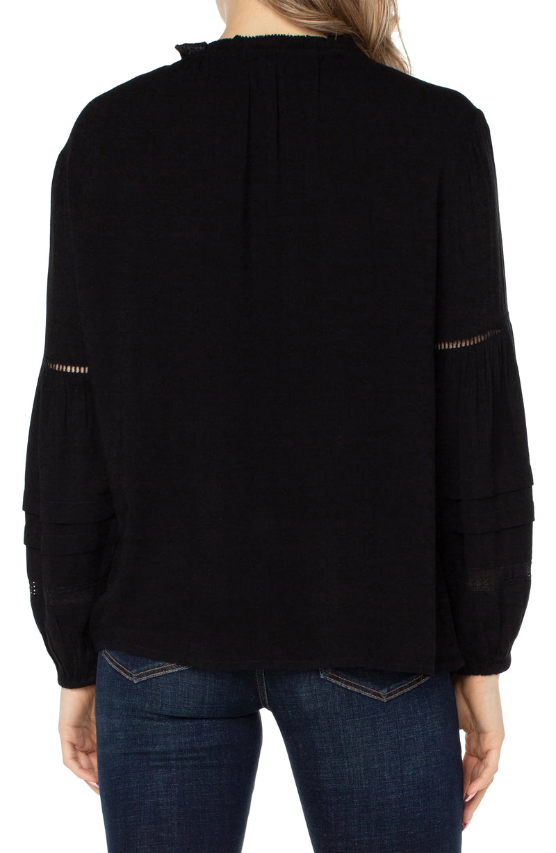 Tie Front Popover Shirred Blouse Black