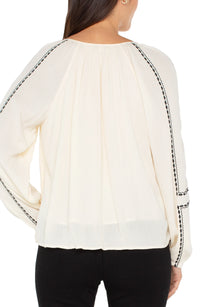 Long Sleeve Woven Raglan Blouse W/ Embroidery