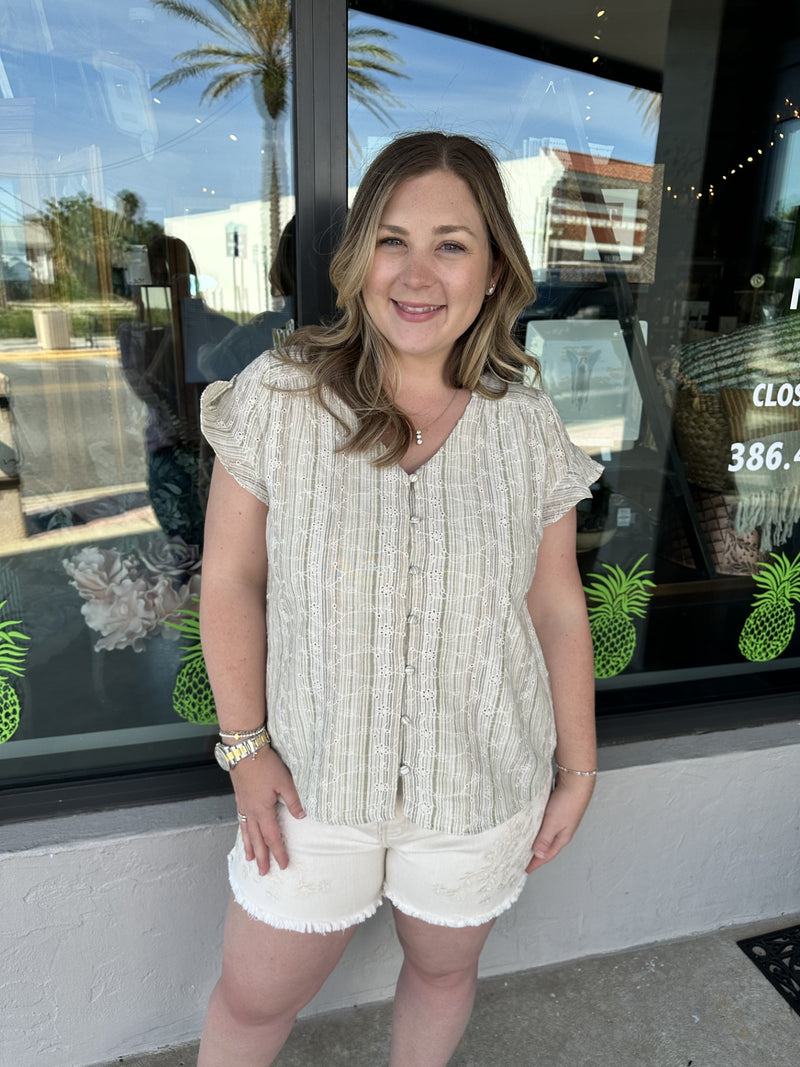 Short Sleeve Button Front Green Tan Stripe
