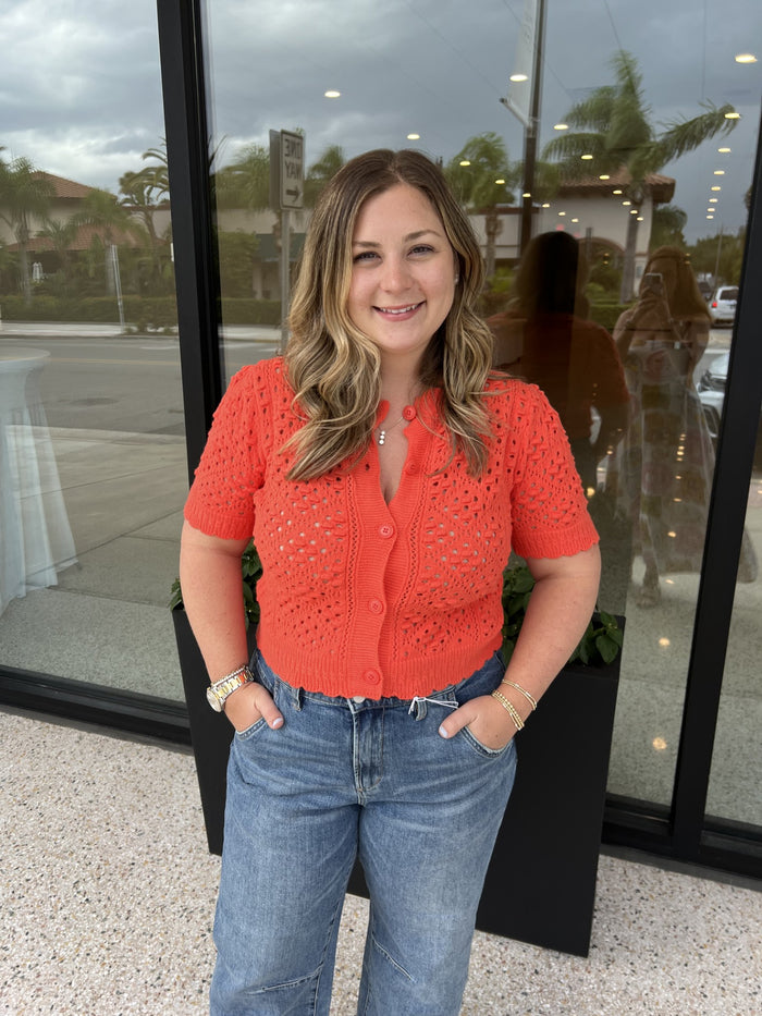 Cropped Pointelle Button Down Sweater