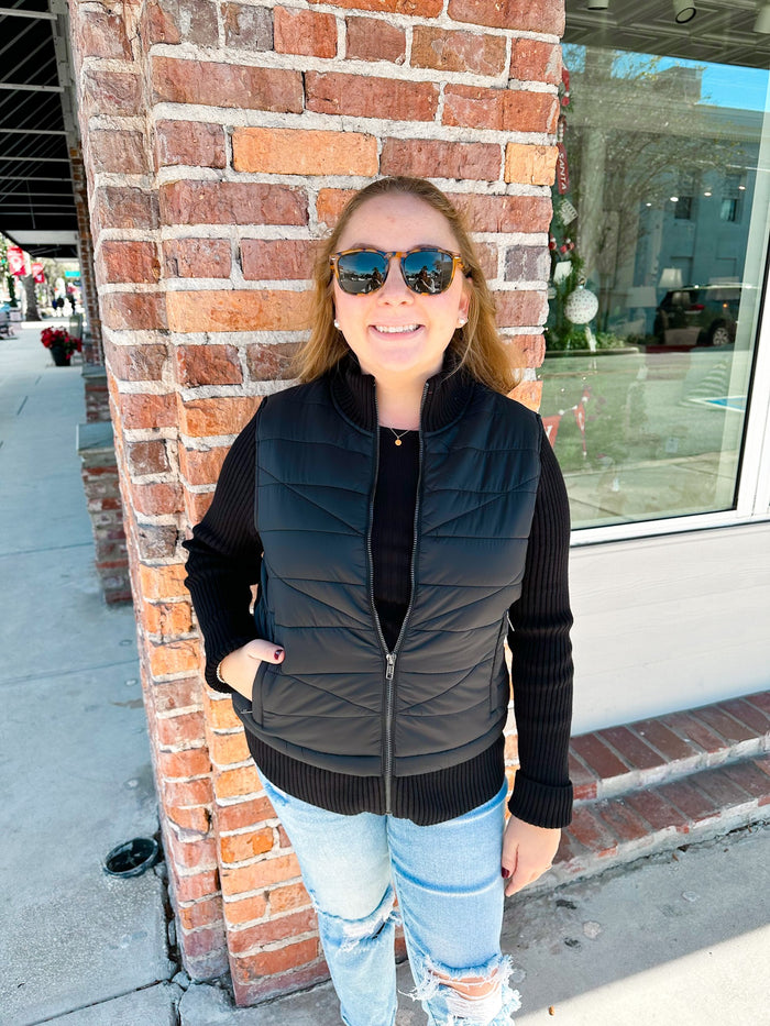 Quilted Full Zip Sweater Jacket - Black